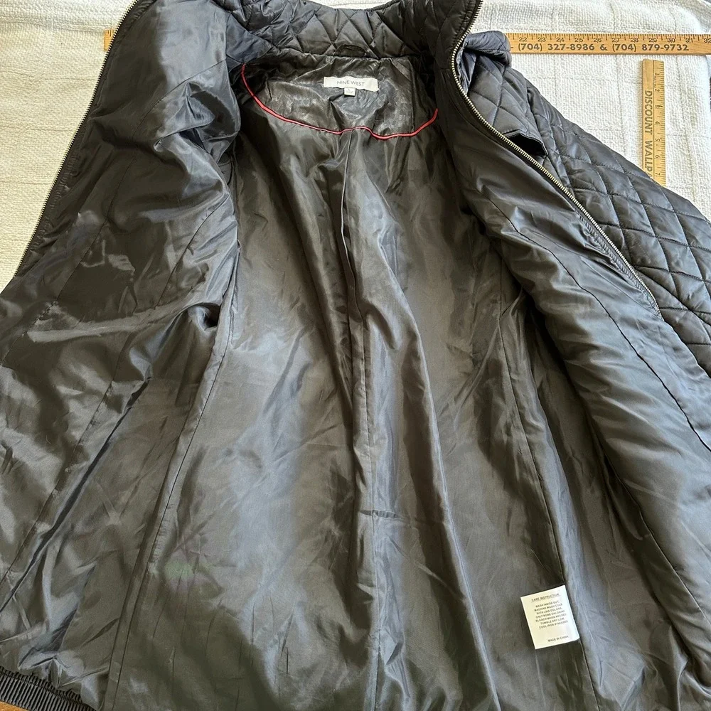 Nine West Black Diamond Quilted Puffer Jacket Belted Hooded Coat Large‎ Chic